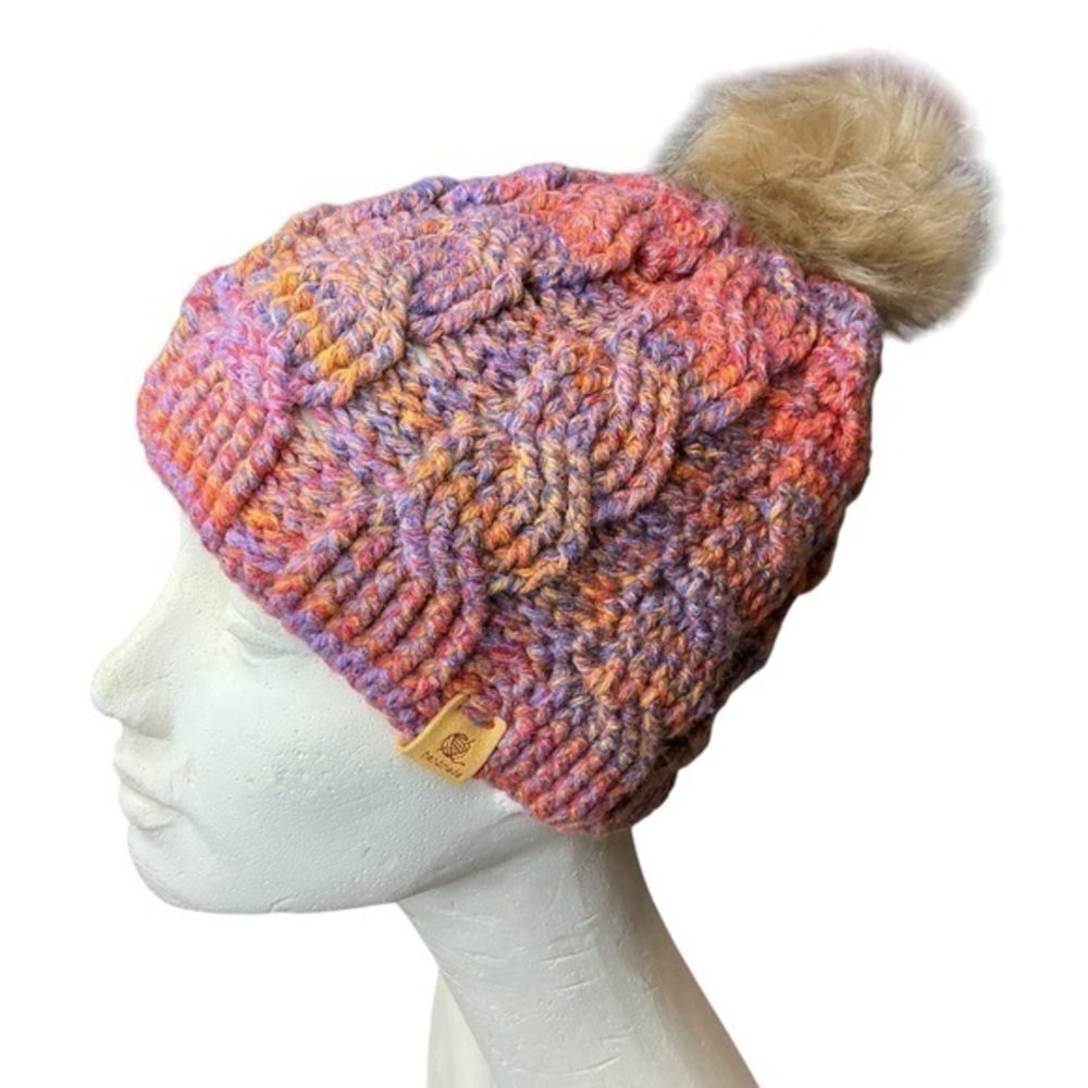 Cable Knit Crochet Beanie Hat Handcrafted With Faux Fur Pom Handmade Purple Red